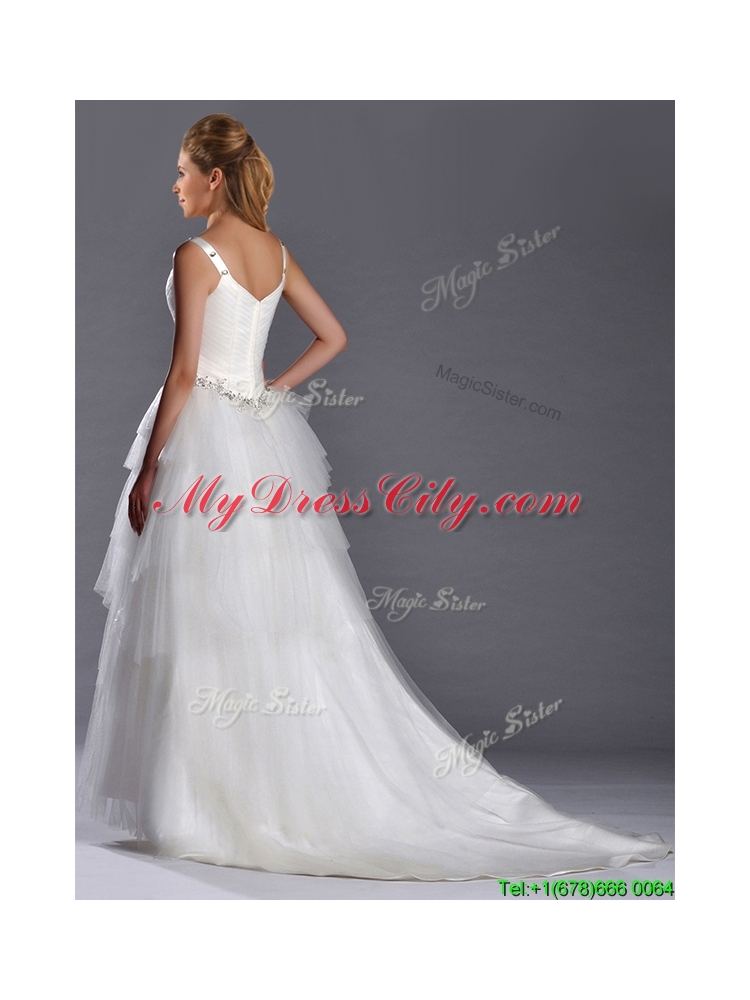 Romantic Straps Princess Tulle Beaded Wedding Dress with Brush Train