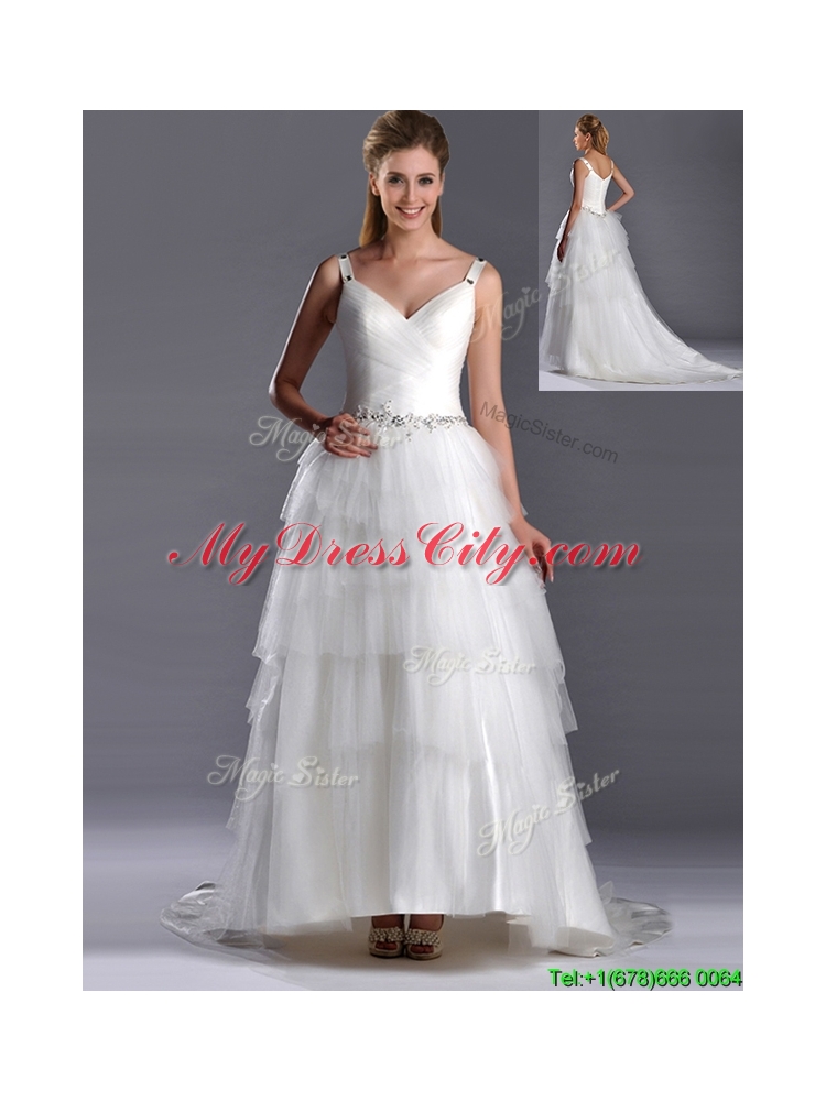 Romantic Straps Princess Tulle Beaded Wedding Dress with Brush Train