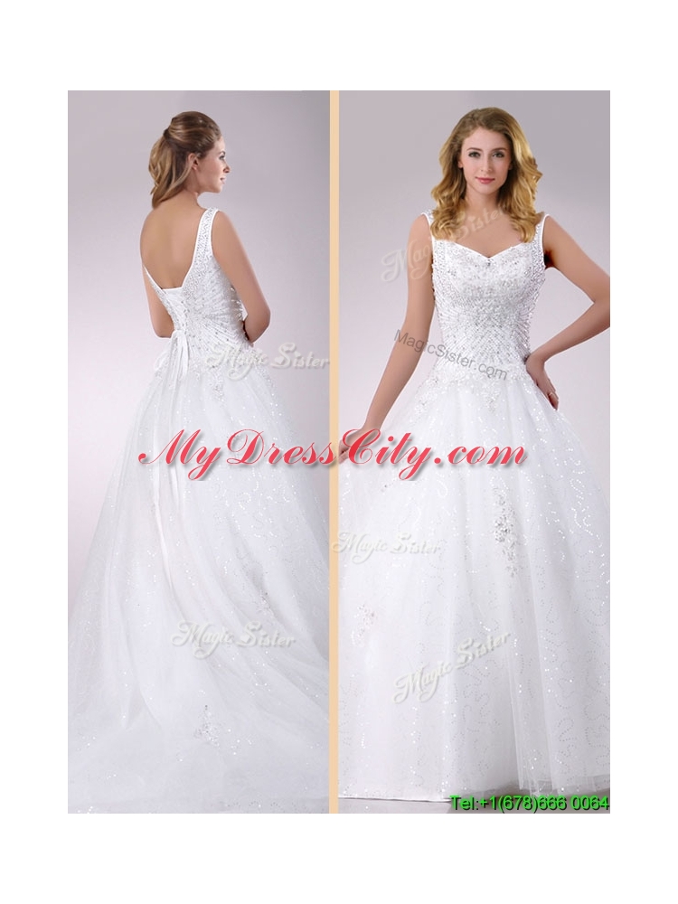 2016 Classical Straps Beaded Tulle Wedding Dress with Court Train