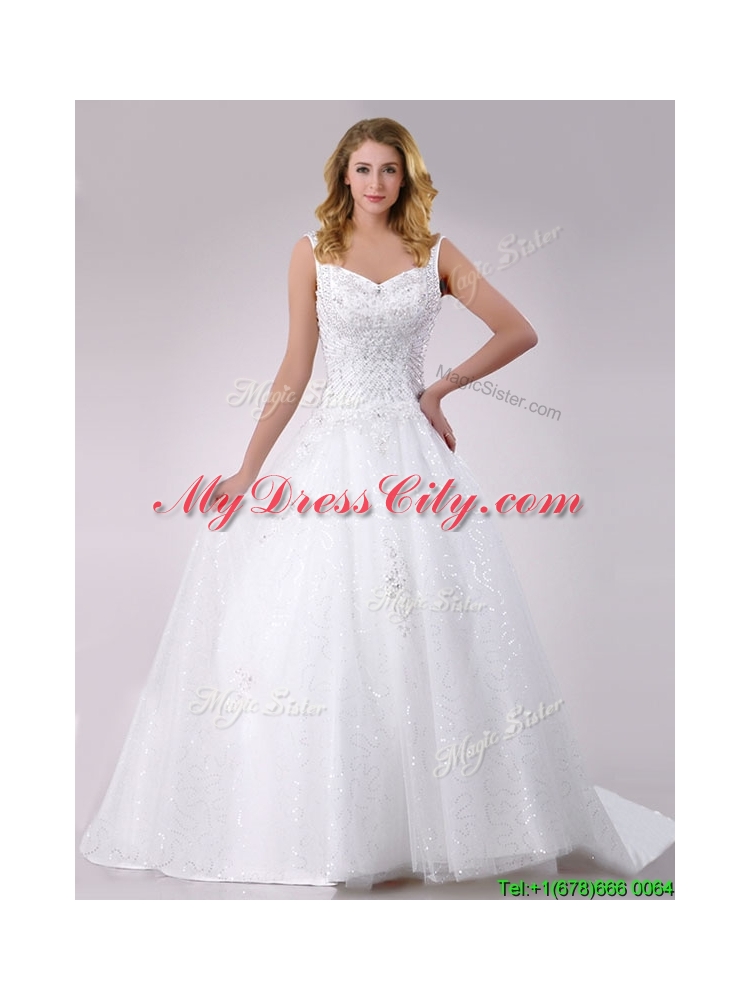 2016 Classical Straps Beaded Tulle Wedding Dress with Court Train