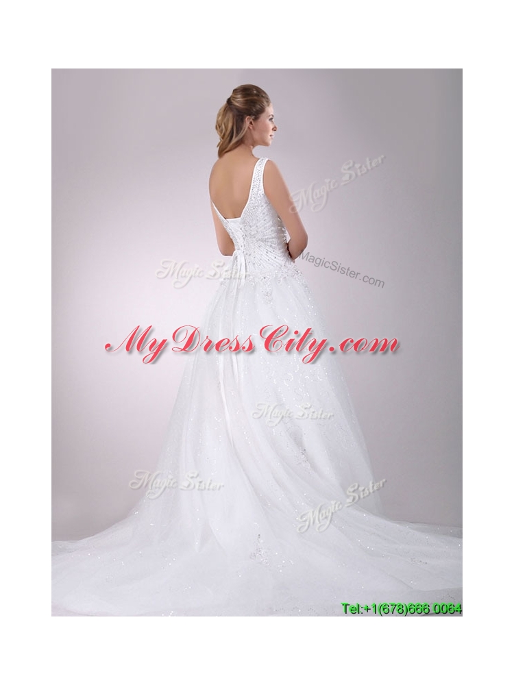 2016 Classical Straps Beaded Tulle Wedding Dress with Court Train