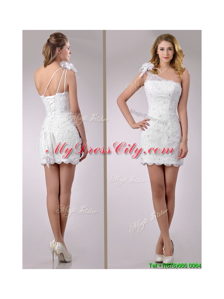 2016 Wonderful One Shoulder Lace Short Bridal Dress with Beading