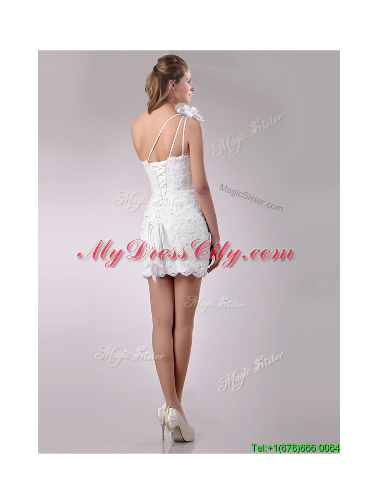 2016 Wonderful One Shoulder Lace Short Bridal Dress with Beading