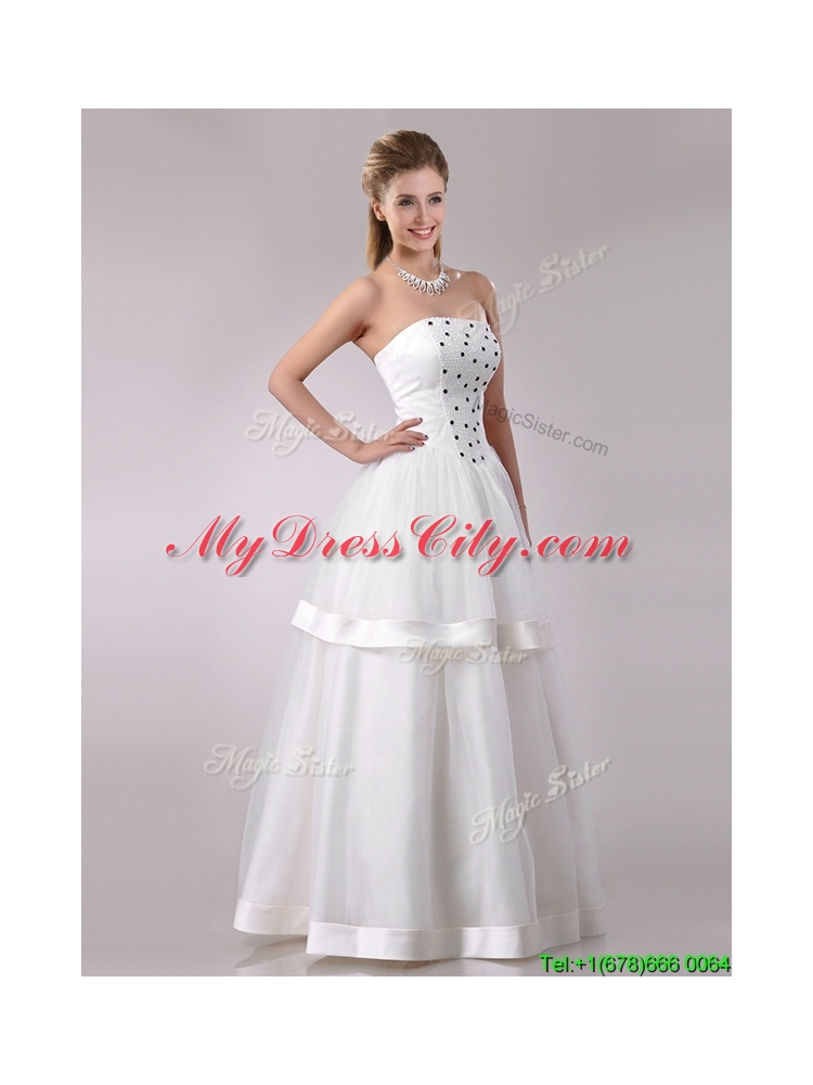 Beautiful Strapless A Line Beaded Long Wedding Dress in Tulle