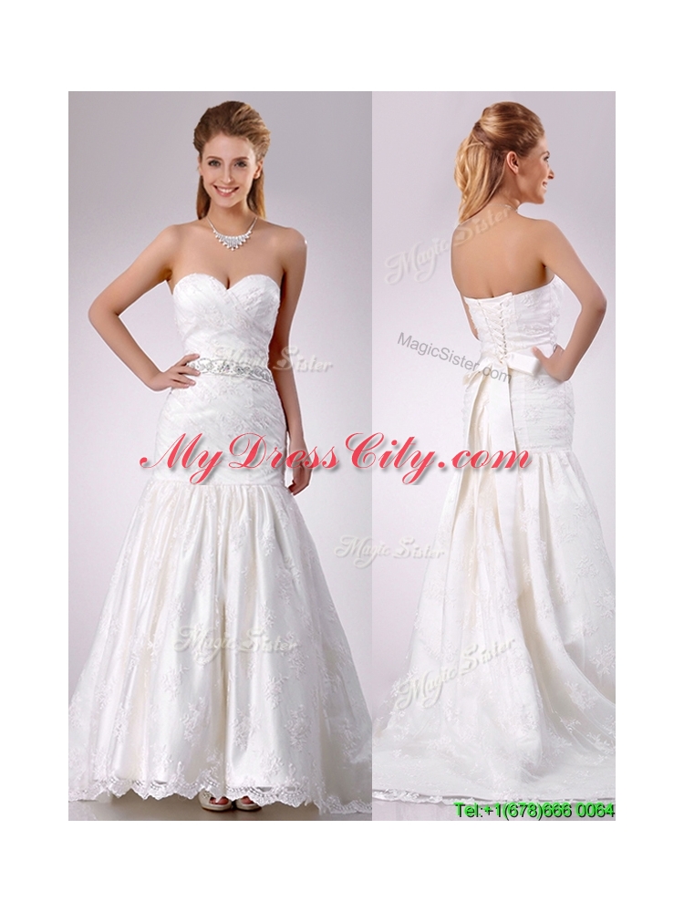 Elegant Mermaid Beaded and Bowknot Laced Wedding Dress with Brush Train