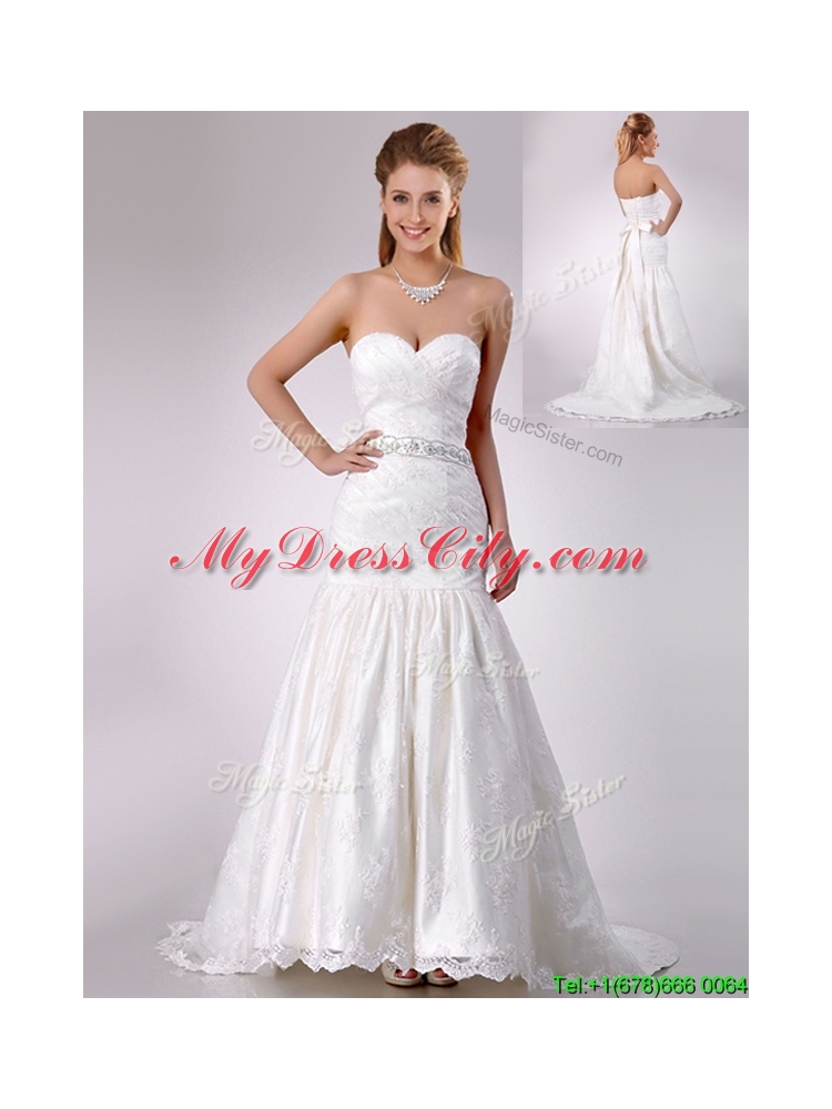 Elegant Mermaid Beaded and Bowknot Laced Wedding Dress with Brush Train