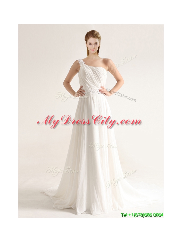 Elegant One Shoulder Court Train Wedding Dresses with Beading and Ruching