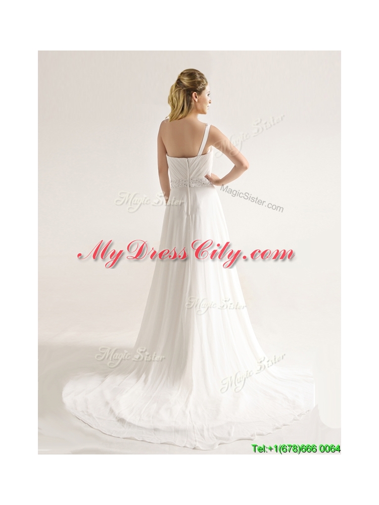 Elegant One Shoulder Court Train Wedding Dresses with Beading and Ruching