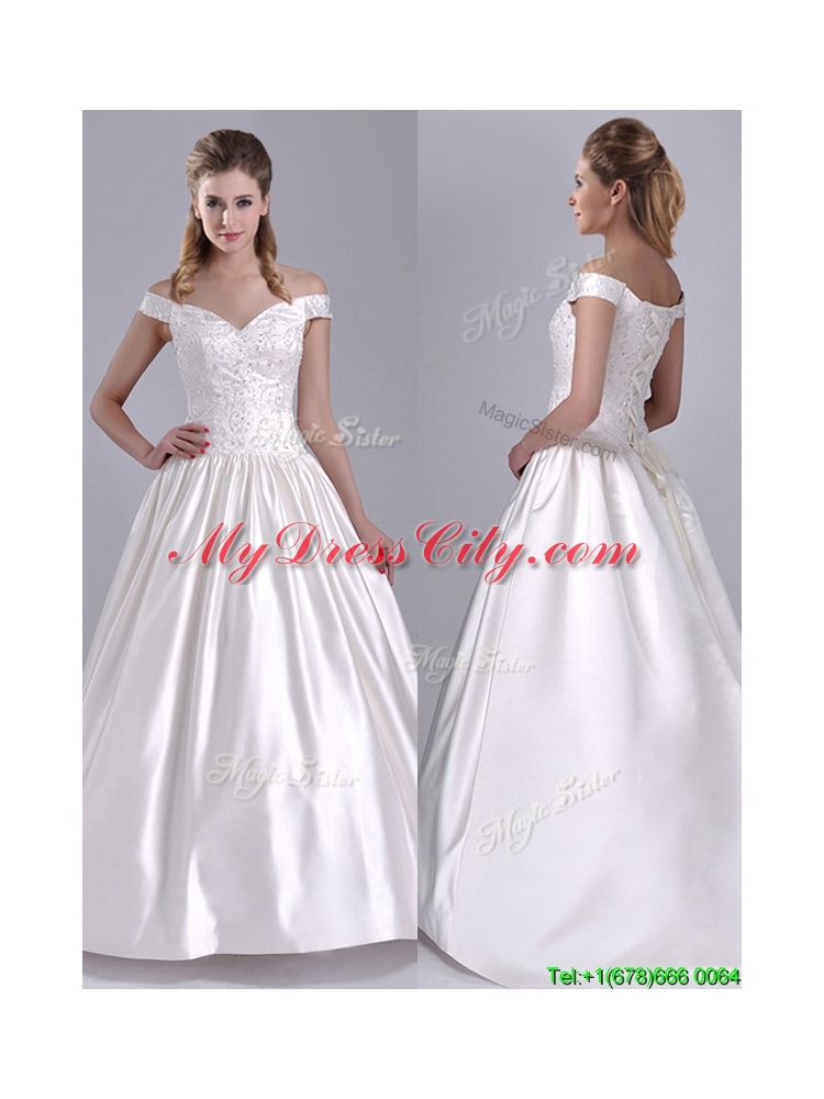 Exquisite Ball Gown Off the Shoulder Brush Train Beaded Bridal Dress in Satin