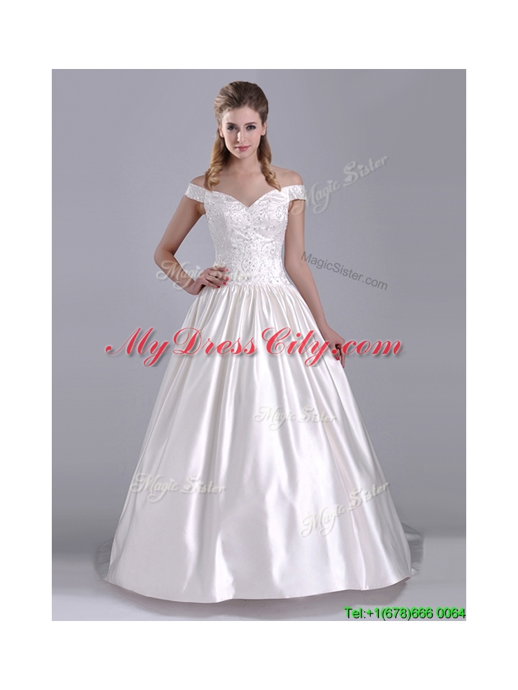 Exquisite Ball Gown Off the Shoulder Brush Train Beaded Bridal Dress in Satin