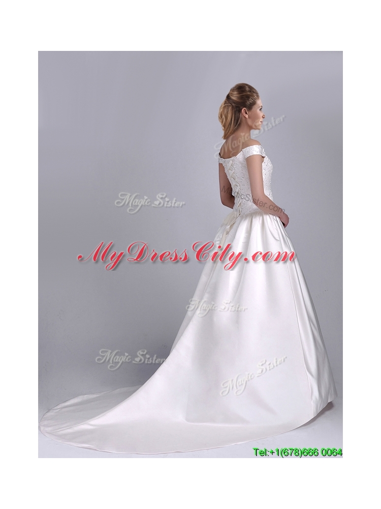 Exquisite Ball Gown Off the Shoulder Brush Train Beaded Bridal Dress in Satin