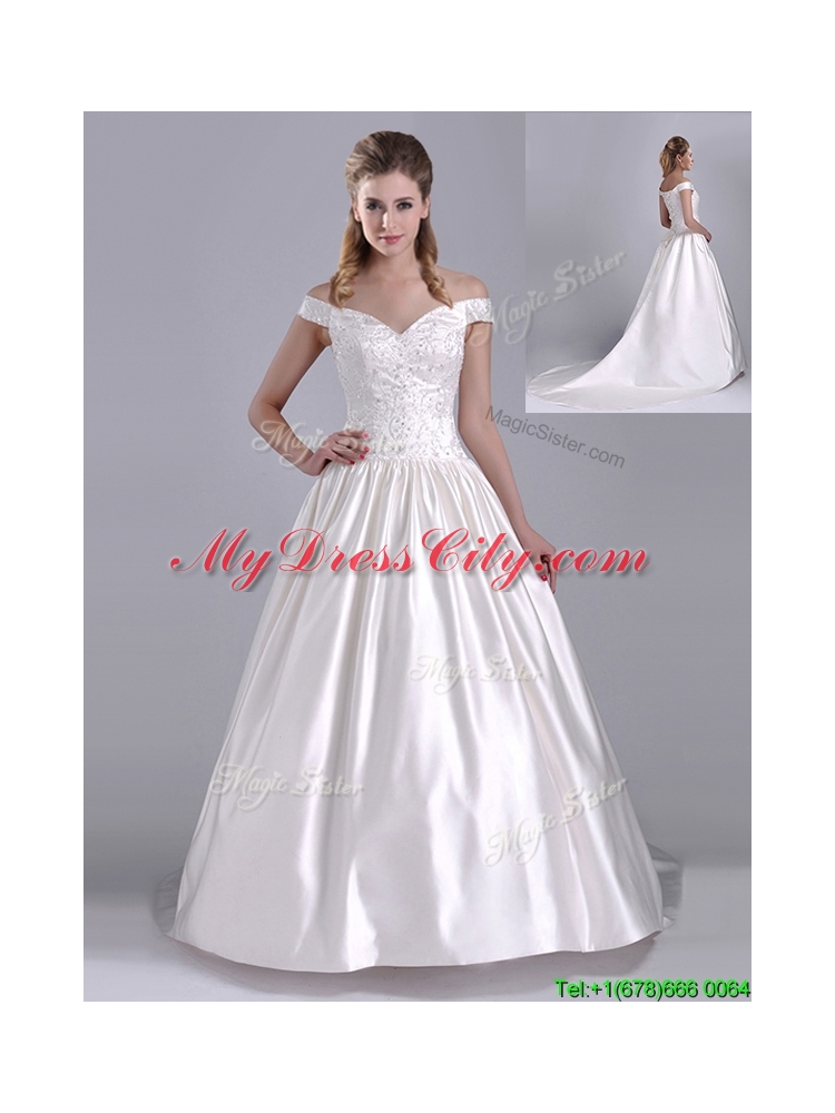 Exquisite Ball Gown Off the Shoulder Brush Train Beaded Bridal Dress in Satin