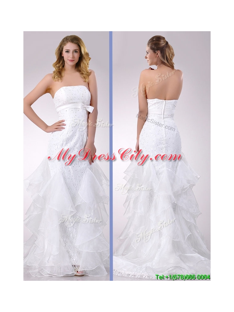 Exquisite Column Strapless Brush Train Beaded Bridal Dress in Organza