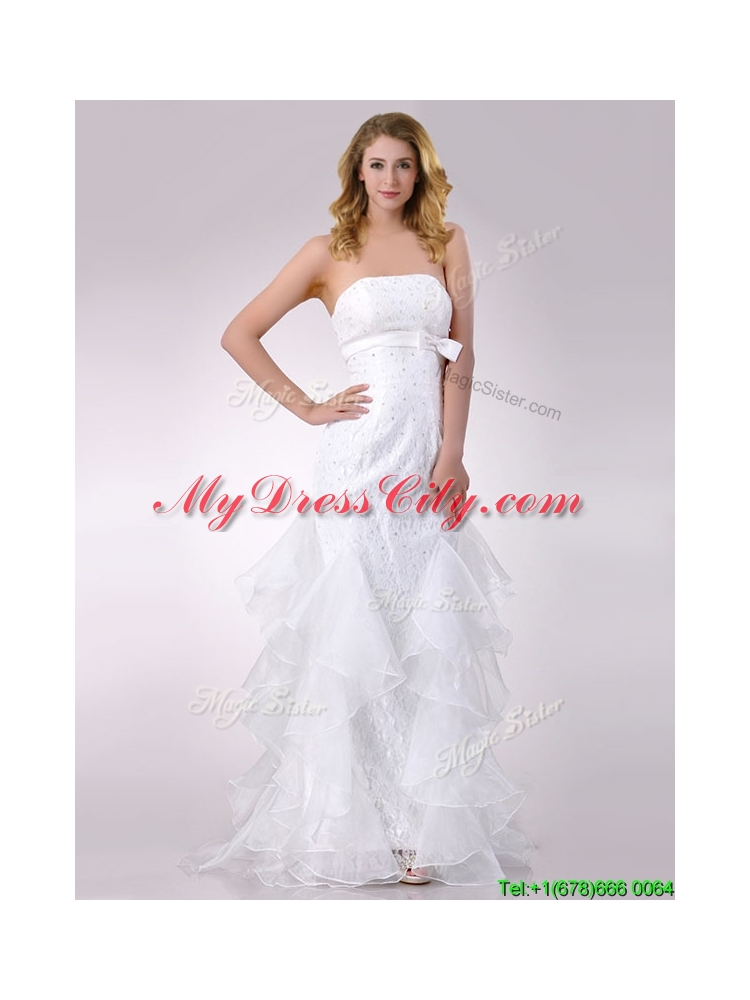 Exquisite Column Strapless Brush Train Beaded Bridal Dress in Organza