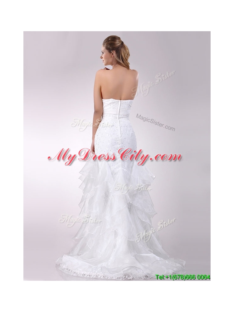 Exquisite Column Strapless Brush Train Beaded Bridal Dress in Organza