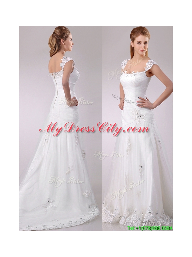 Exquisite Square Tulle Mermaid Brush Train Wedding Dress with Beading