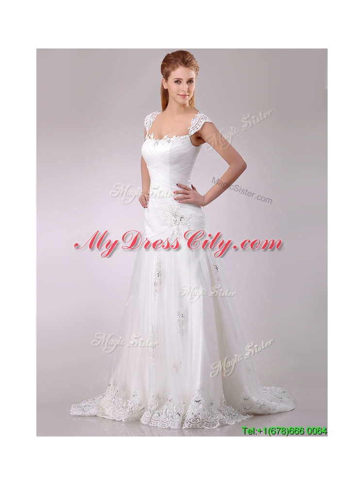 Exquisite Square Tulle Mermaid Brush Train Wedding Dress with Beading