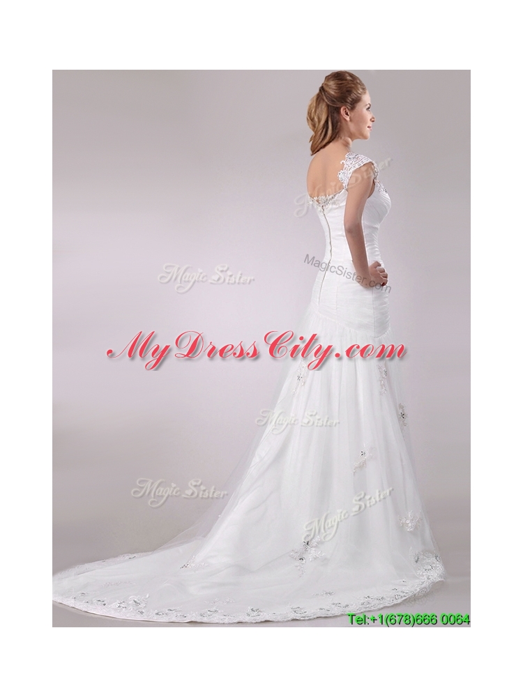 Exquisite Square Tulle Mermaid Brush Train Wedding Dress with Beading