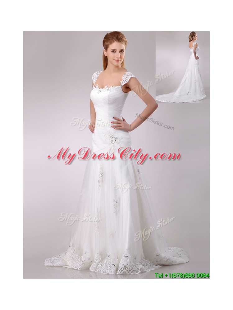 Exquisite Square Tulle Mermaid Brush Train Wedding Dress with Beading