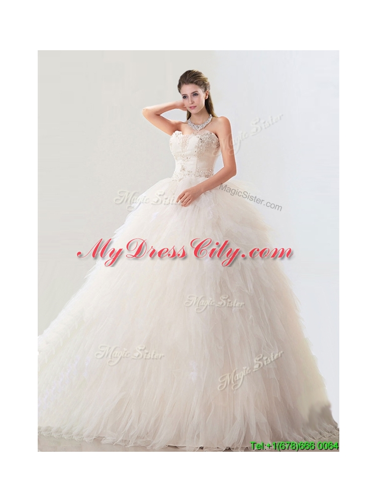 Fashionable Deep V Neckline Wedding Dresses with Beading and Ruffles