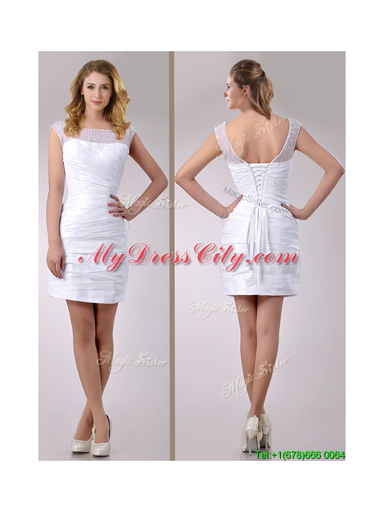 Fashionable See Through Scoop Taffeta Short Wedding Dress with Beading