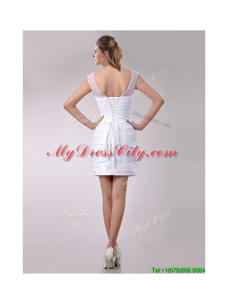 Fashionable See Through Scoop Taffeta Short Wedding Dress with Beading