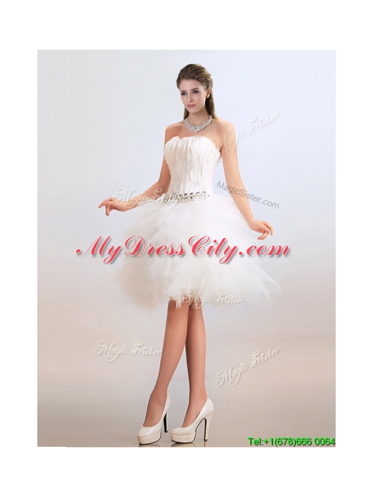 Lovely Ball Gown Short Wedding Dresses with Feather and Beading