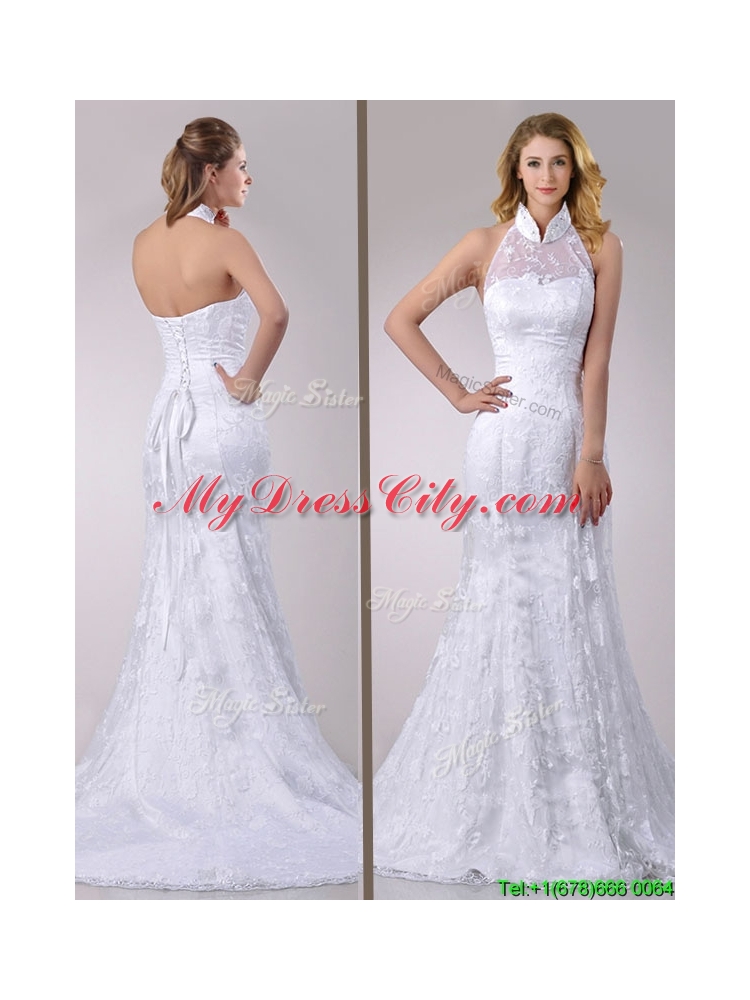 Most Popular Halter Top Mermaid Lace Bridal Dress with Brush Train for 2016