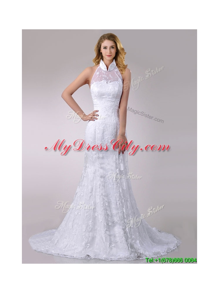 Most Popular Halter Top Mermaid Lace Bridal Dress with Brush Train for 2016