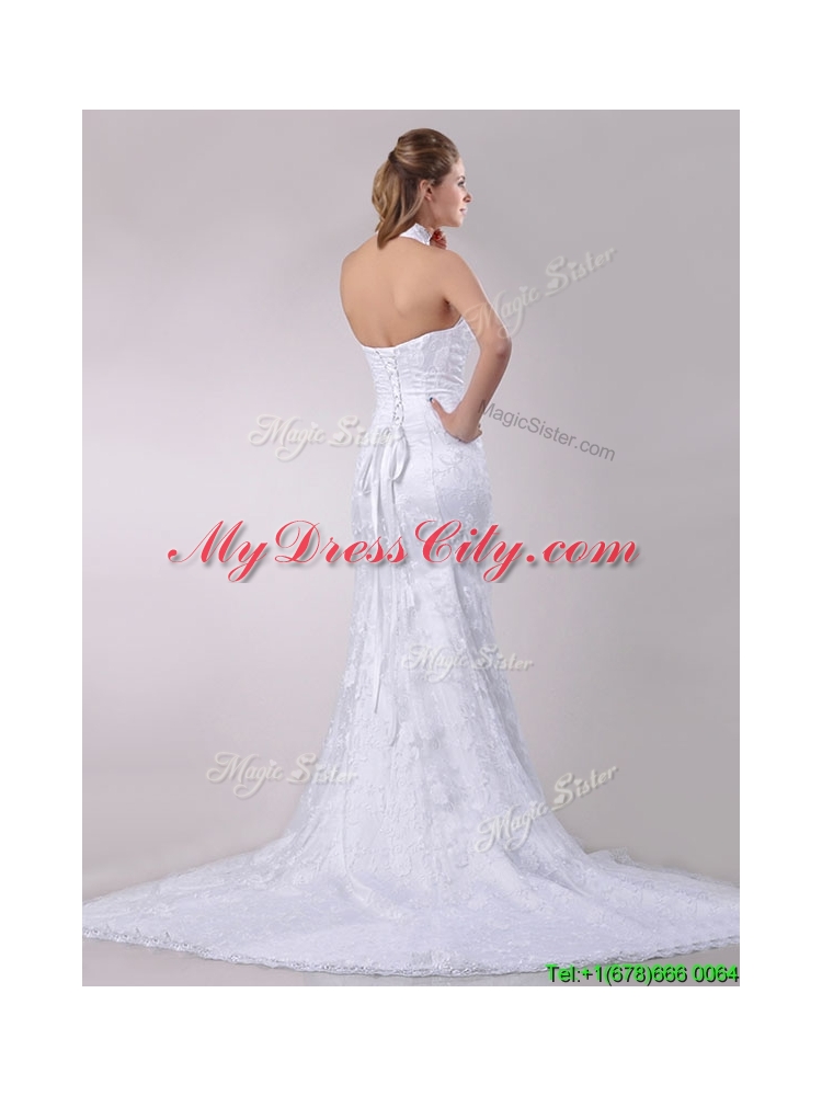 Most Popular Halter Top Mermaid Lace Bridal Dress with Brush Train for 2016