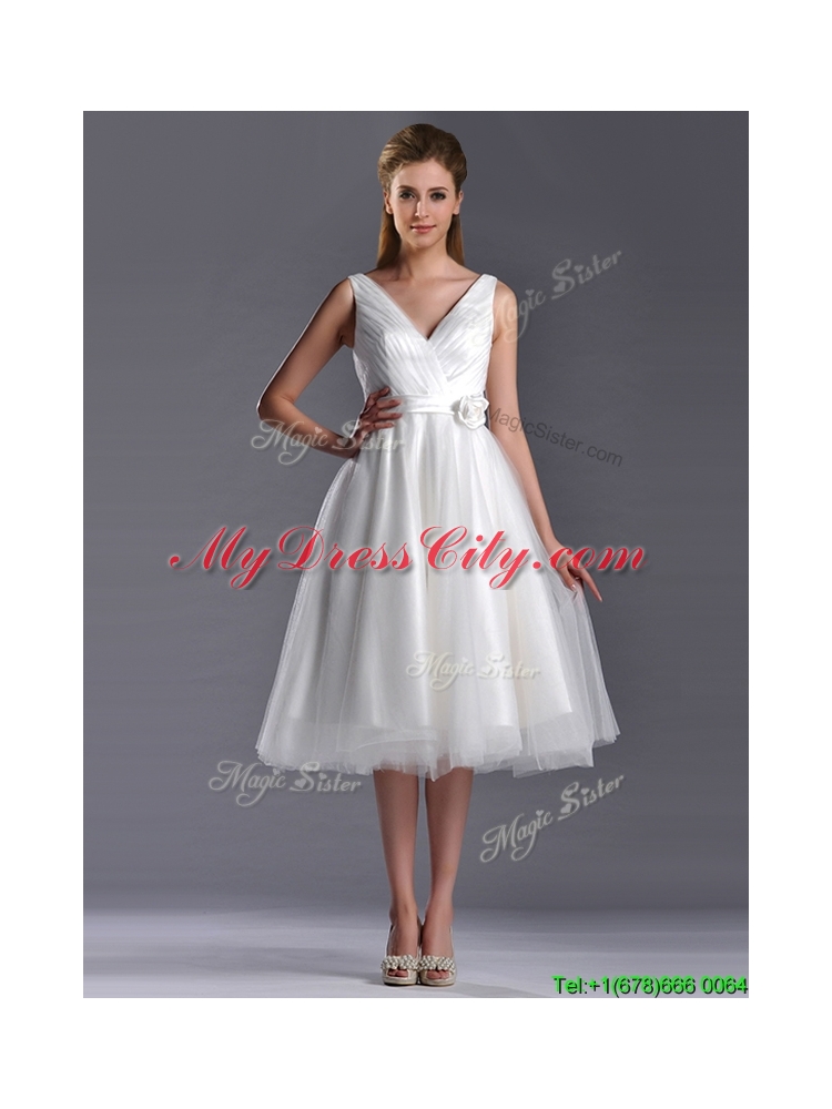 New Style A Line V Neck Hand Crafted Wedding Dress in Tulle