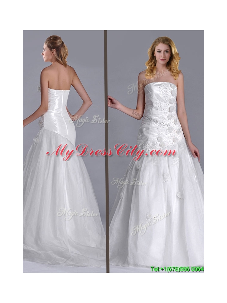 Popular Column Brush Train Bridal Dress with Beading and Hand Crafted