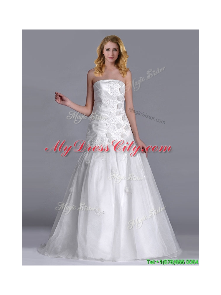 Popular Column Brush Train Bridal Dress with Beading and Hand Crafted