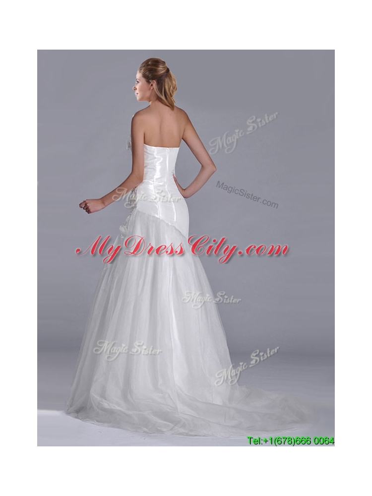 Popular Column Brush Train Bridal Dress with Beading and Hand Crafted