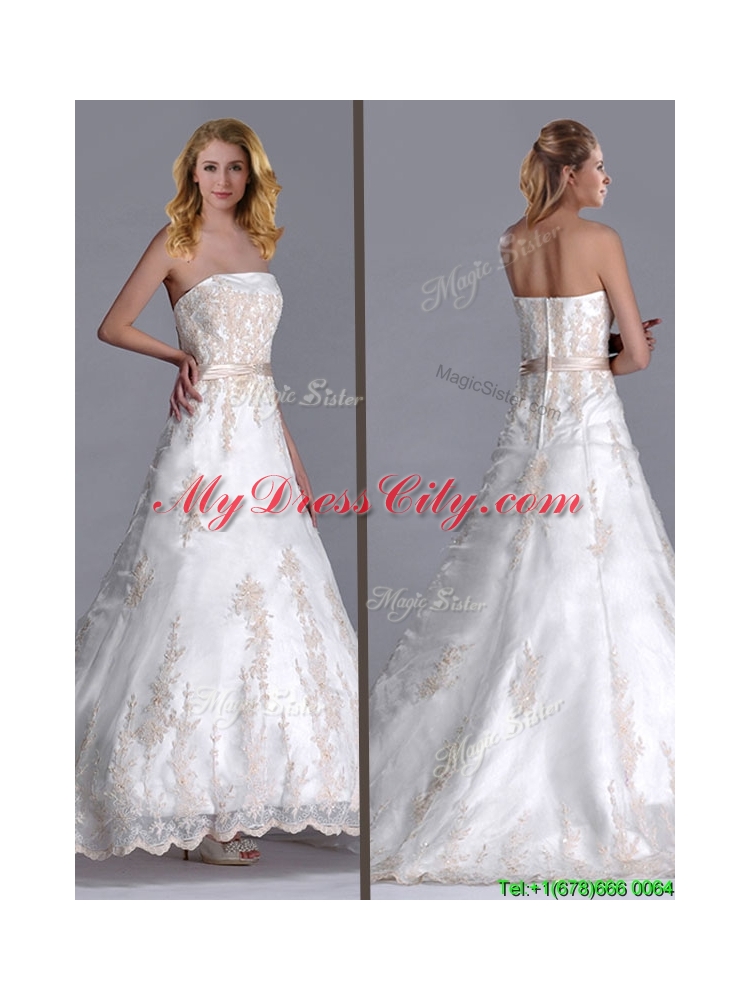 Popular Princess Strapless Applique and Belted Wedding Gown with Brush Train