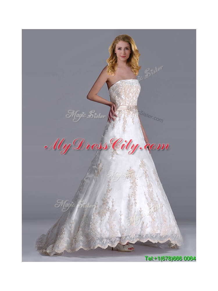 Popular Princess Strapless Applique and Belted Wedding Gown with Brush Train