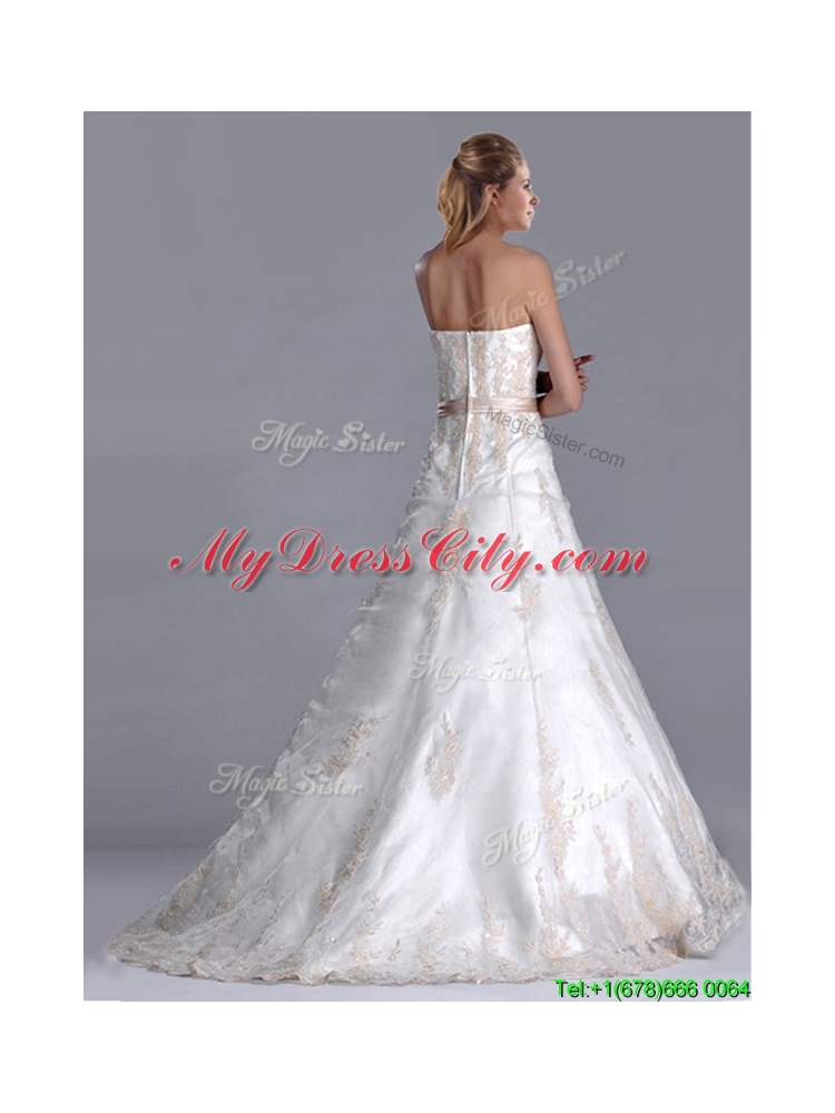 Popular Princess Strapless Applique and Belted Wedding Gown with Brush Train