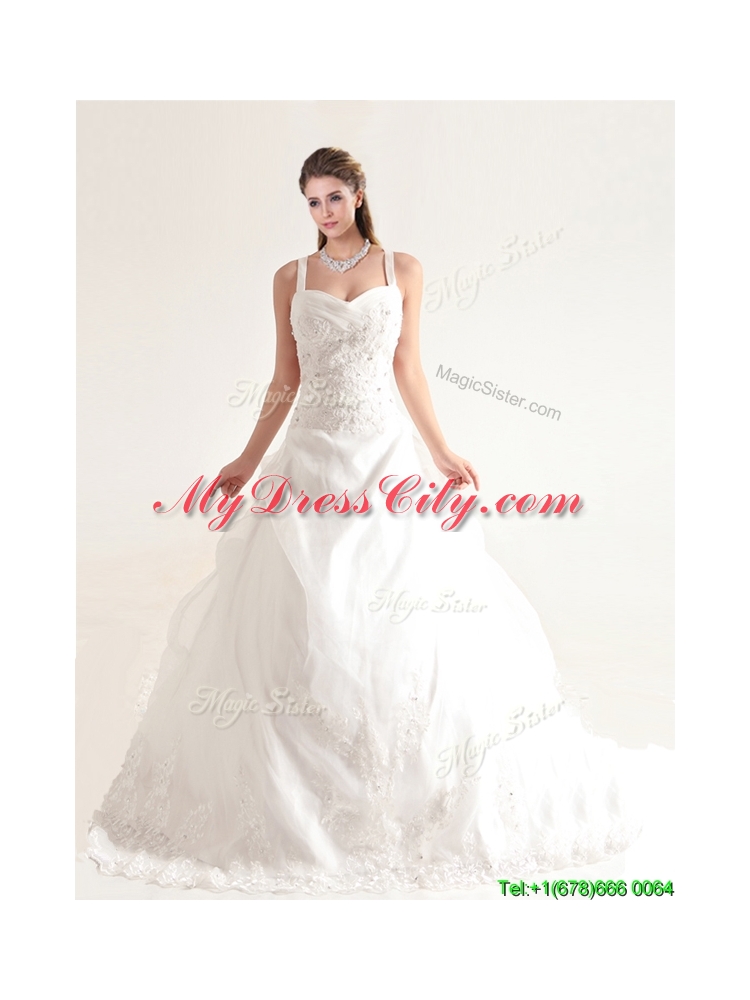 Popular Spaghetti Straps Court Train Wedding Dresses with Beading and Appliques