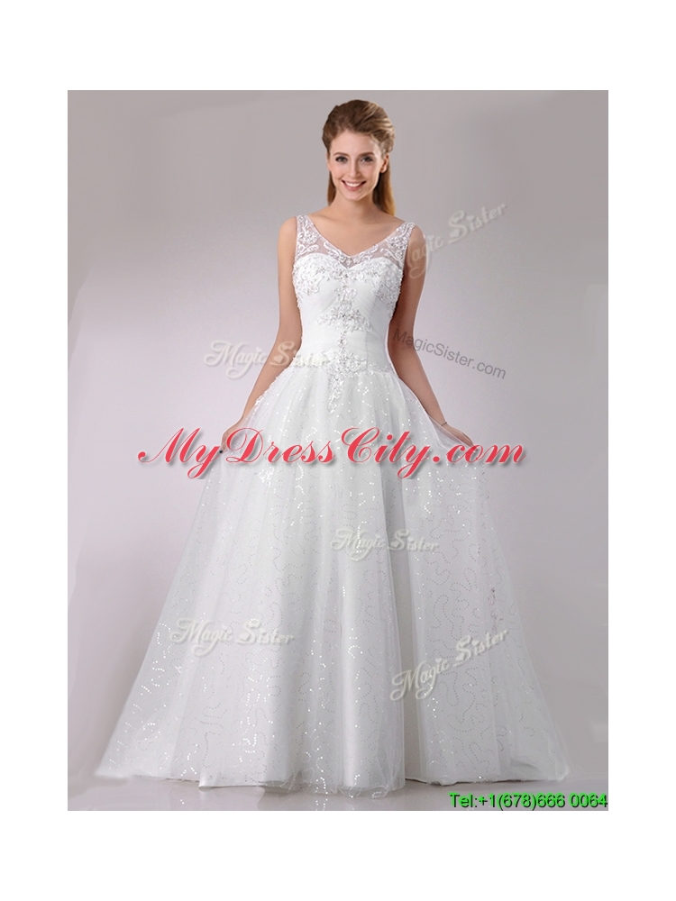 The Super Hot A Line V Neck Court Train Beaded Wedding Dress in Tulle