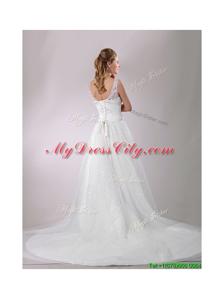 The Super Hot A Line V Neck Court Train Beaded Wedding Dress in Tulle