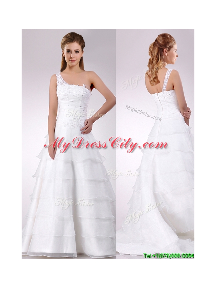 Top Selling One Shoulder Beaded and Ruffled Layered Zipper Up Wedding Dress with Brush Train