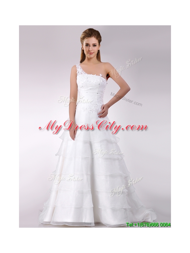 Top Selling One Shoulder Beaded and Ruffled Layered Zipper Up Wedding Dress with Brush Train