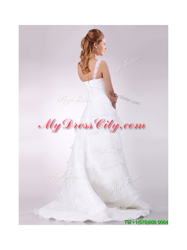 Top Selling One Shoulder Beaded and Ruffled Layered Zipper Up Wedding Dress with Brush Train