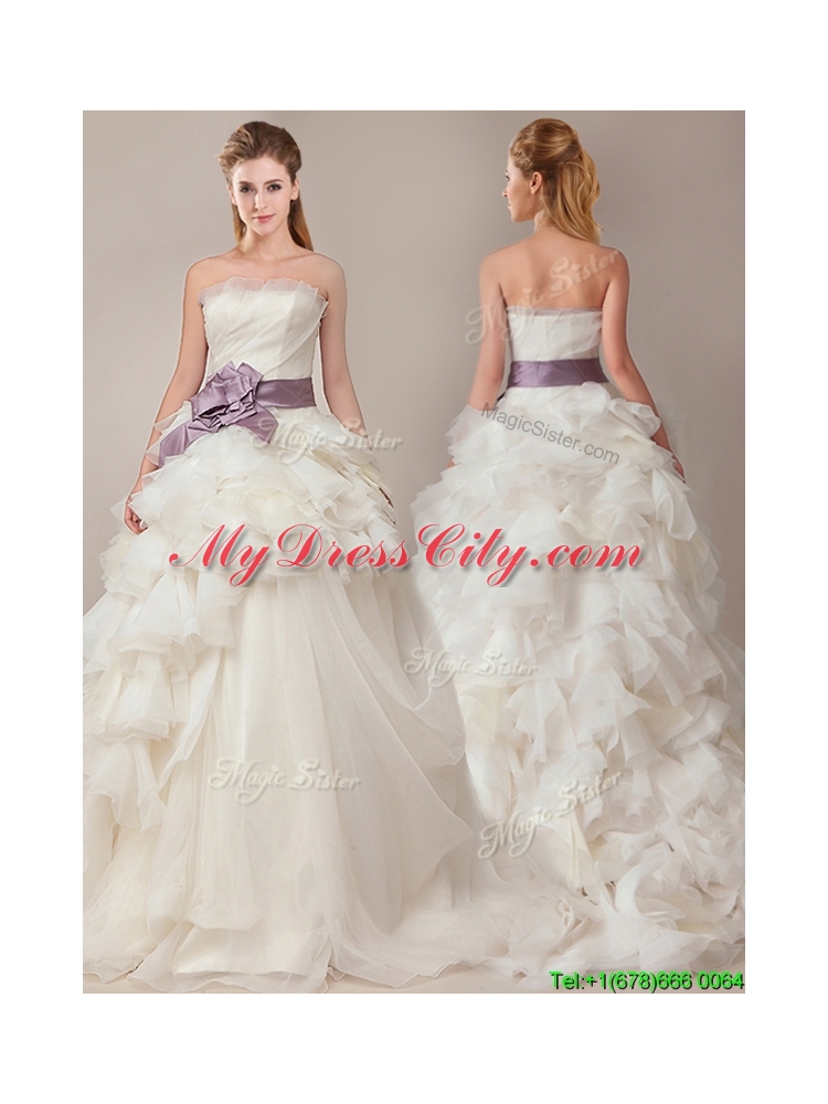 Ball Gown Strapless Sophisticated Ruffled and Sashed Wedding Dresses with Brush Train