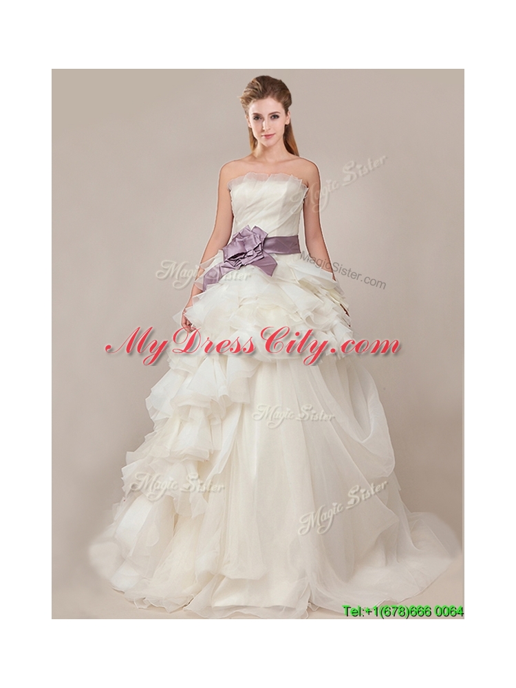 Ball Gown Strapless Sophisticated Ruffled and Sashed Wedding Dresses with Brush Train