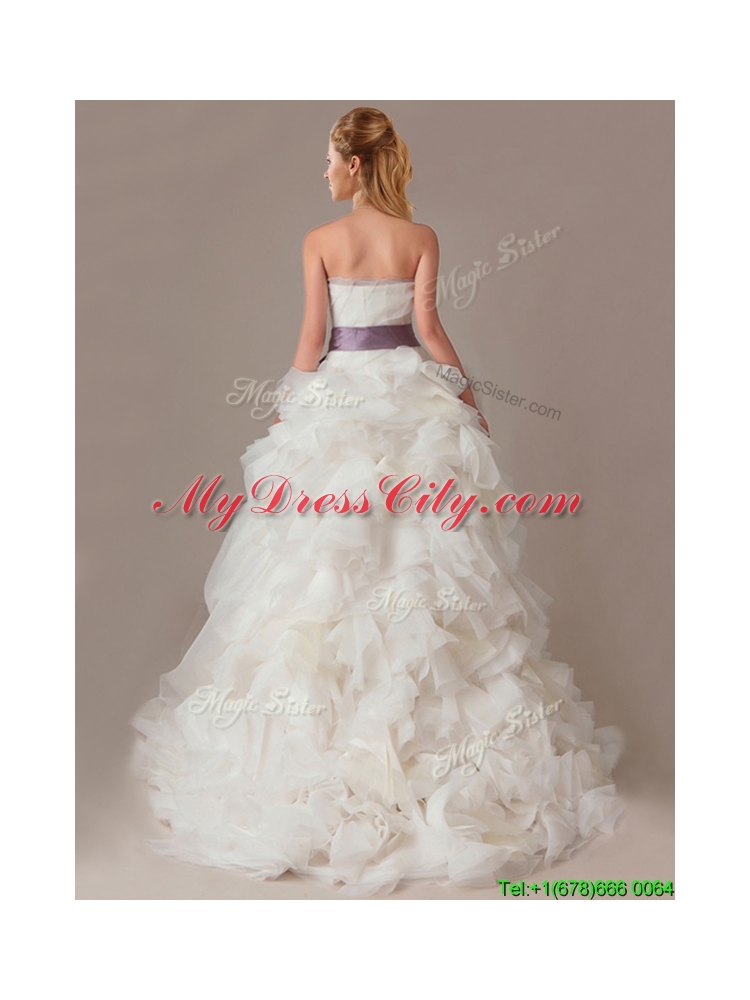 Ball Gown Strapless Sophisticated Ruffled and Sashed Wedding Dresses with Brush Train