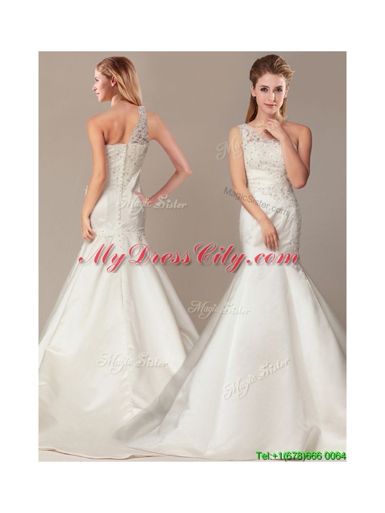 Beaded Decorate Shoulder Mermaid Wedding Dresses with Court Train