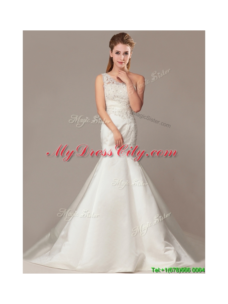 Beaded Decorate Shoulder Mermaid Wedding Dresses with Court Train