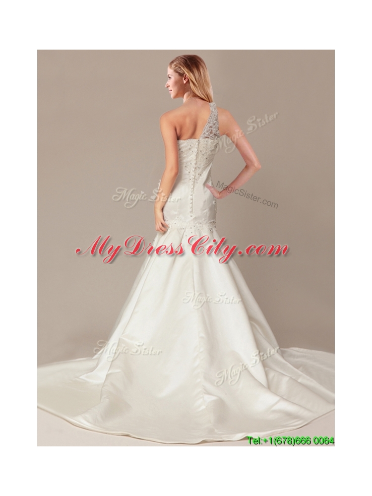 Beaded Decorate Shoulder Mermaid Wedding Dresses with Court Train