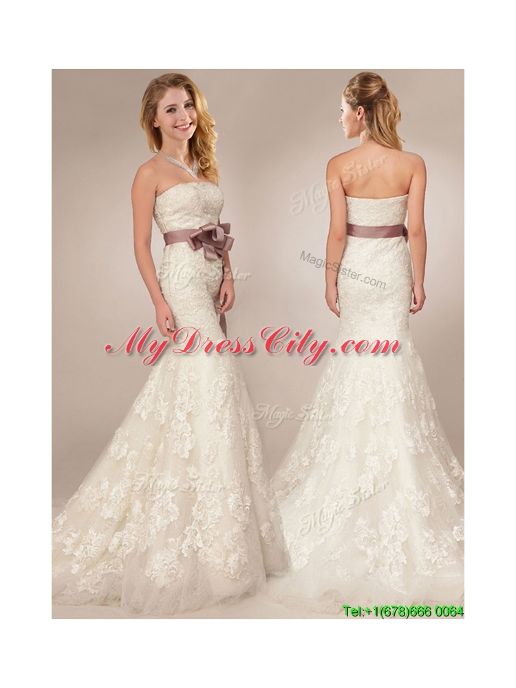 Classical Mermaid Strapless Side Zipper Wedding Dresses with Lace and Sashes